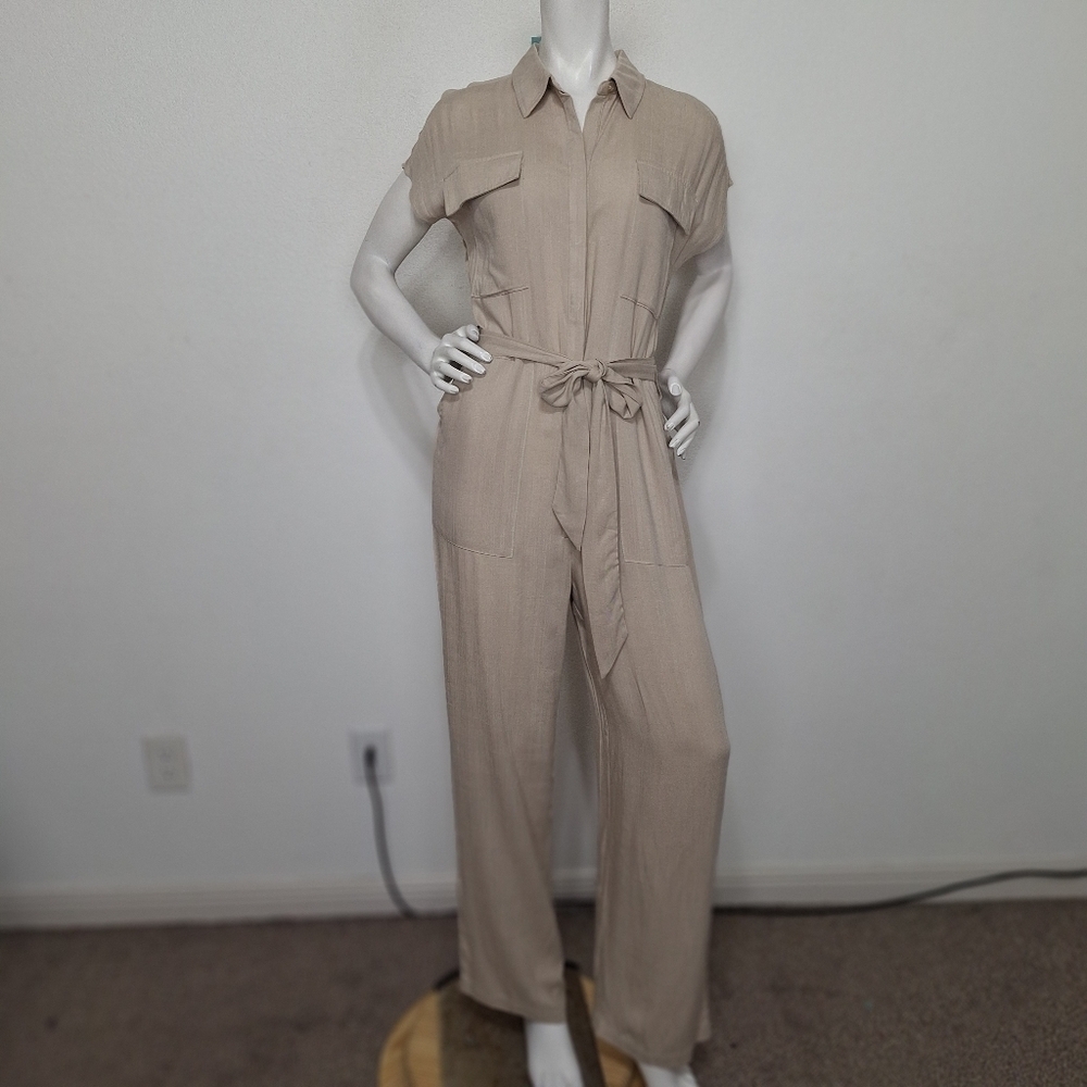 Maurices "NEW" Tan Gorpcore Boho Short Sleeve Belted Utility Jumpsuit Size XS